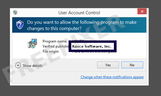 Screenshot where Raxco Software, Inc. appears as the verified publisher in the UAC dialog